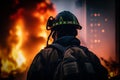 Firefighter in protective clothing. Burning houses in the background. Generated by AI Royalty Free Stock Photo