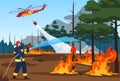 Firefighter in protective clothing and helmet with helicopter extinguishing forest fire vector