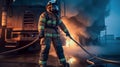 Firefighter in protective suit, helmet and gas mask extinguishing flame against background of fire engine. Dark