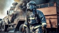 Firefighter in protective suit, helmet and gas mask extinguishing flame against background of fire engine. Dark