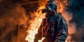 Firefighter in protective suit, helmet and gas mask extinguishing flame. Dark background with smoke and fire. Generative