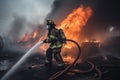 firefighter putting out fire with hose, surrounded by smoke and flames