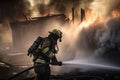 firefighter putting out fire with hose, surrounded by smoke and flames