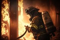 firefighter, putting out flames with hose, in burning building