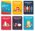 Firefighter, rafting, police, medicine rescue cards template set. Flat design icon of flyear, magazines, posters, book