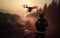 Firefighter remotely piloting a search and rescue drone near a wildfire