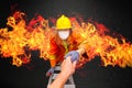 Firefighter rescue, fireman climbing on fire stairs or turntable Royalty Free Stock Photo