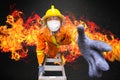 Firefighter rescue, fireman climbing on fire stairs or turntable ladder from burning building to save people in fire and smoke Royalty Free Stock Photo