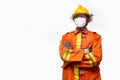 Firefighter rescue, fireman standing portrait wear protective mask to prevent coronavirus CoVID-19 pandemic isolated on white ba