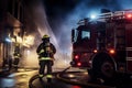 Firefighter rescue man looking at smoke from fire at night. Generative AI