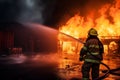 Firefighter extinguishing fire with high-pressure water. Generative AI