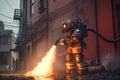 Firefighter robot fighting a fire in the street. Firefighter concept, An AI robot fireman equipped with a fire fighting water pipe