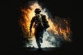 Firefighter running from epic fire back view. ai generative