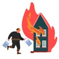 Firefighter Running with Water to Rescue Burning House. Fireman in Uniform, Fire Department Rescuer Concept Royalty Free Stock Photo