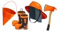 Firefighter safety equipment icons. Cartoon fire protection