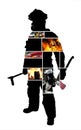 Firefighter scenes with a Silhouette of a posing firefighter Royalty Free Stock Photo