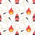 Firefighter seamless pattern. Fire hydrant and hose. Hand drawn cartoon scandinavian childish doodle collection. Decor textile