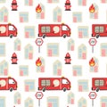Firefighter seamless pattern. Fire truck with ladder extinguisher and burning house. Hand drawn cartoon scandinavian childish