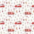 Firefighter seamless pattern. Fire truck with ladder extinguisher and burning house. Hand drawn cartoon scandinavian childish