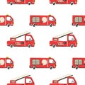 Firefighter seamless pattern. Fire truck with ladder extinguisher and hose. Hand drawn cartoon trendy scandinavian childish doodle