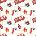 Firefighter seamless pattern. Fire truck with ladder extinguisher and hose. Hand drawn cartoon trendy scandinavian childish doodle