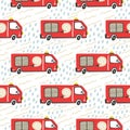 Firefighter seamless pattern. Fire truck with ladder extinguisher and hose. Hand drawn cartoon trendy scandinavian childish doodle