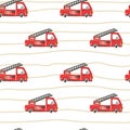 Firefighter seamless pattern. Fire truck with ladder extinguisher and hose. Hand drawn cartoon trendy scandinavian childish doodle