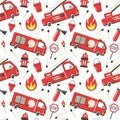 Firefighter seamless pattern. Fire truck with ladder extinguisher and hose. Hand drawn cartoon trendy scandinavian childish doodle