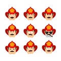 Firefighter set emoji avatar. sad and angry face. guilty and sleeping. Fireman sleeping emotion face Royalty Free Stock Photo