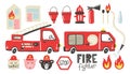 Firefighter set. Fire truck, extinguisher and hydrant. Hand drawn trendy scandinavian style childish collection, kids doodle cars