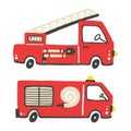 Firefighter set. Fire truck with ladder extinguisher and hose. Hand drawn trendy scandinavian style childish collection, kids