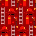 Firefighter set pattern seamless. Fire extinguisher and axe background. ladder and fireman helmet texture Royalty Free Stock Photo