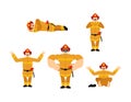 Firefighter set poses and motion. Fireman happy and yoga. man sleeping and angry. guilty and sad Royalty Free Stock Photo