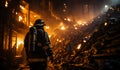 Firefighter standing on flames. A firefighter standing in front of a pile of rubble