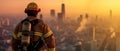 Firefighter Standing In Front Of A Panoramic Cityscape