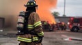 A firefighter stands in front of a fire, ready to take action to control the flames