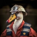 Firefighter Swan Ready for Duty. Funny Swan With Firefighter\'s Helmet