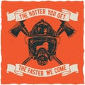 Firefighter t-shirt label design with illustration of helmet with Crossed Axes