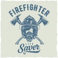 Firefighter t-shirt label design with illustration of helmet with Crossed Axes