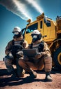 Firefighter team in gas mask working with laptop all terrain SUV on background. The process of eliminating a man-made