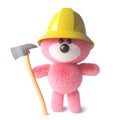 Firefighter teddy bear with pink fluffy fur wearing firemans hat and holding an axe, 3d illustration