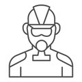 Firefighter thin line icon. Fireman with respirator outline style pictogram on white background. Man in fireman uniform