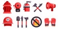 Firefighter tools collection set icon objects no fire sign megaphone shovel fire axe helmet alarm hydrant and fire