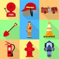 Firefighter tools icon set, flat style