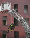 Firefighter during a training exercise with the autoscale and th Royalty Free Stock Photo