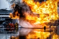 firefighter training., fireman using water and extinguisher to f