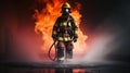 firefighter training., fireman using water and extinguisher to fighting with fire flame firefighter training