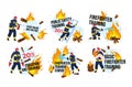 Firefighter training promo badge sale discount set vector illustration. Fireman educational courses