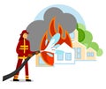 Firefighter try to extinguish burning house. House on fire. Fireman putting out building. Fireman rescue people cartoon