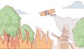 Firefighter trying to put out fire vector outdoor illustration. Fire plane extinguishes fire cartoon outline concept.